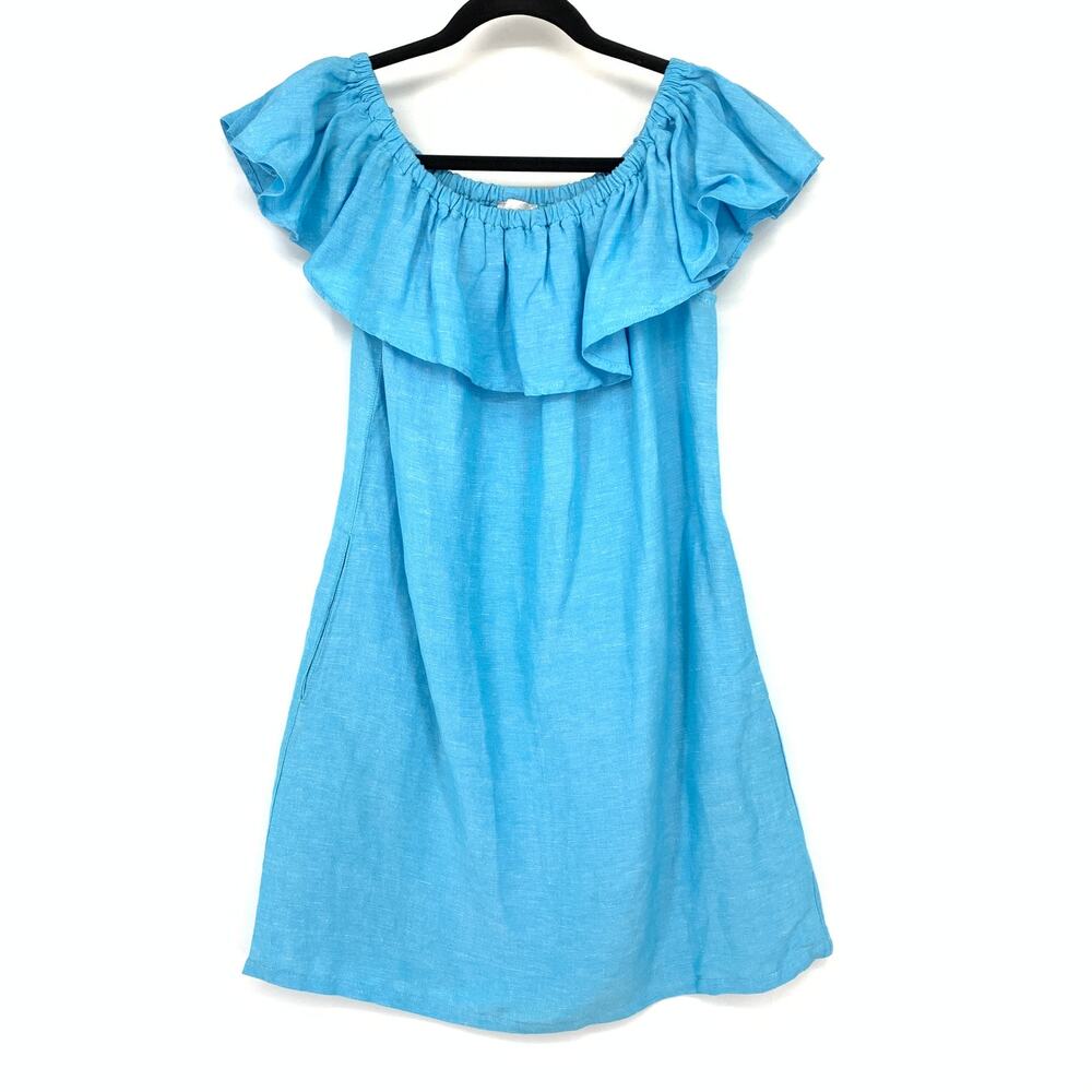 Tommy Bahama Linen Blend Off Shoulder Dress Womens Size Small Blue A-Line